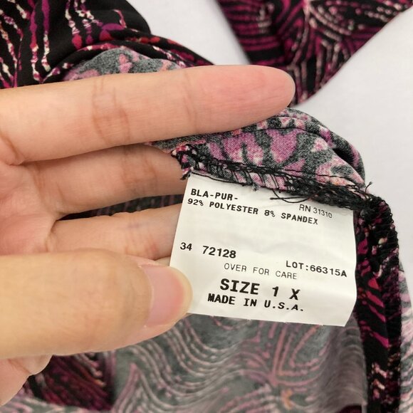 New AB Studio size 1X Purple Black Geometric Split Neck 3/4 Sleeve Stretch Top - Picture 8 of 10
